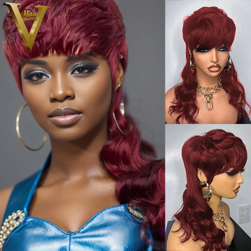 

Burgundy Body Wave Machine Made Wig Pre Plucked Human Hair Wigs For Black Women Brazilian Virgin Remy Human Hair Wig With Bangs