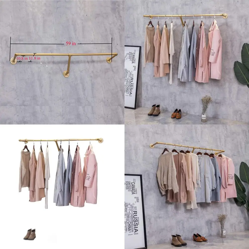 

Wall-Mounted Industrial Pipe Clothing Rack, Gold, 59L x 11.8D for Retail Display and Closet Organization