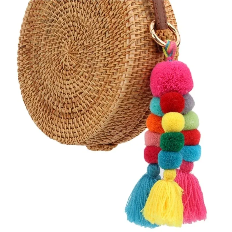 1pc  Bohemian Accessories Handmade Keychain Beads Chain Pompom Hand Bag Hanging Key Chains For New Year Gift