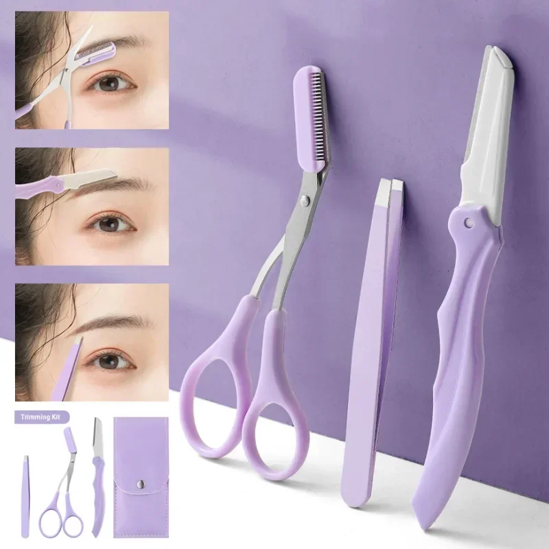 Purple Eyebrow Trimming Set Fashion Eyebrow Clip Folding Scraper Trimming Comb Scissors Eyebrow Tweezer