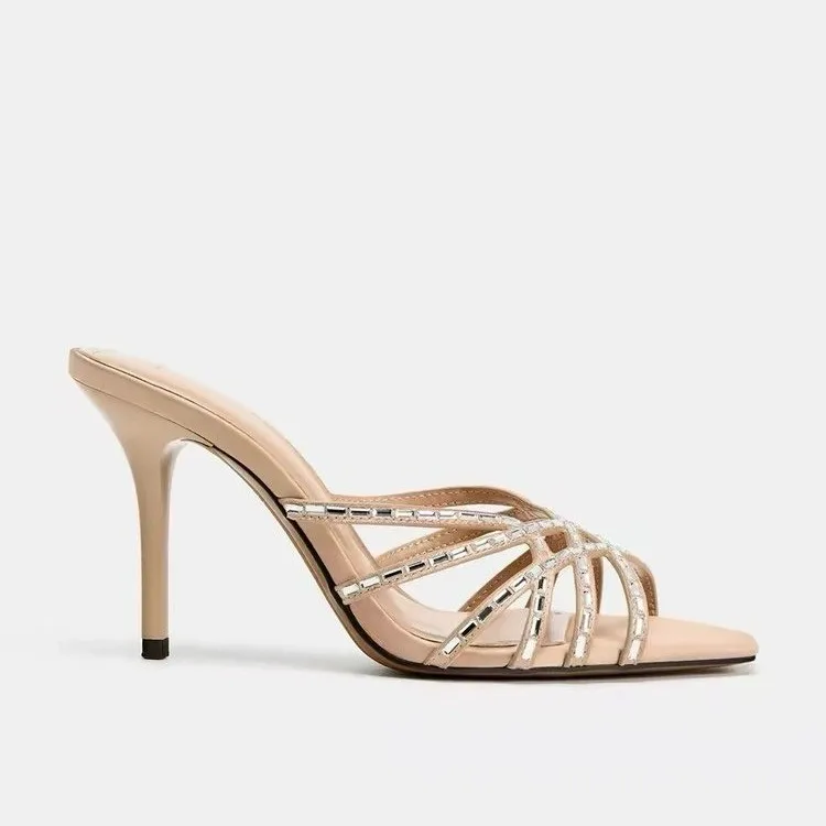 Luxury CRYSTAL Slingback Heeled Sandals for Women Strappy Detail Hollow Square Toe Stiletto Slippers Elegant Party Designer Shoe