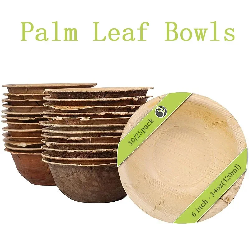 10/25 Uds. Tazones de hoja de palma de 6 pulgadas, tazón de postre biodegradable, tazón de sopa ecológico, tazones desechables para cenas, fiestas de cumpleaños