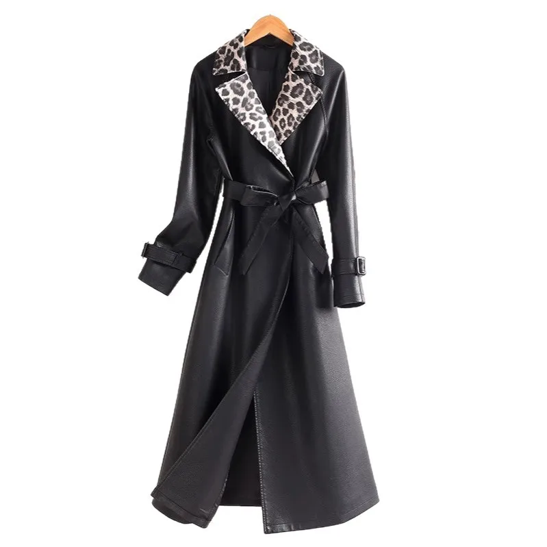 Autumn Winter Fashionable Motorcycle Coat Women Long PU Leather Jacket With Belt Elegant Trench Coat Windbreaker Lady Outerwear