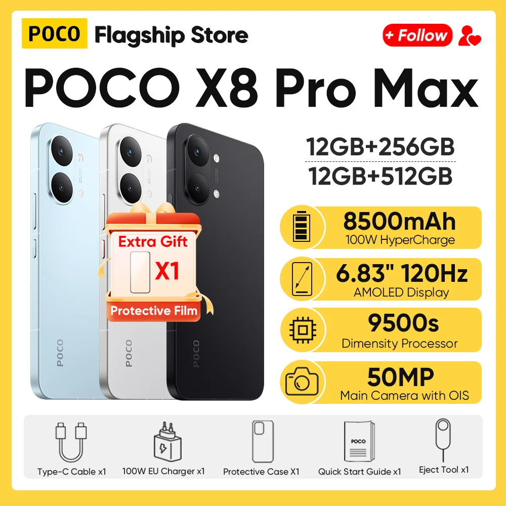 Новинка: Глобальная версия смартфона POCO X8 Pro Max 5G с процессором Dimensity 9500s, 6.83-дюймовым AMOLED-дисплеем, камерой 50 МП, аккумулятором 8500 мАч и быстрой зарядкой 100W HyperCharge.