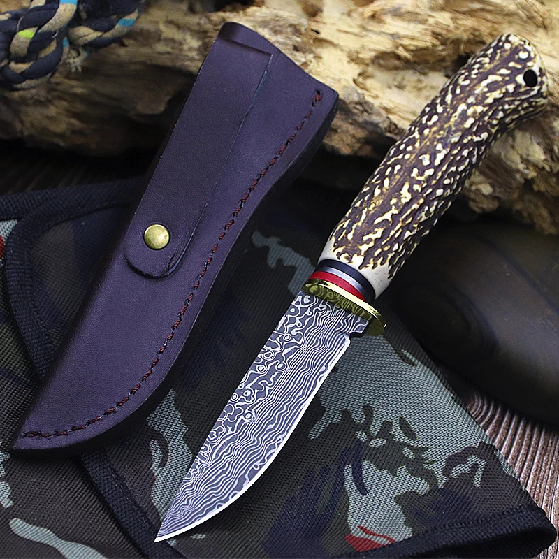 Outdoor Damascus pattern Stainless steel + imitation bone Handle Straight knife wild camping meat slicing inside knife