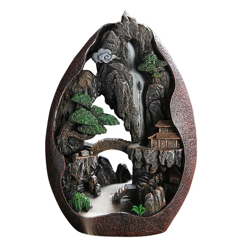 

Resin Backflow Incense Burner Handicraft Ornament, 22cm Long, 11cm Wide, 30cm High, Egg-shaped Outline with Landscapes Carved