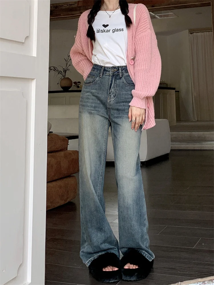 Korean-style retro gradient washed wide-leg jeans for women high-waisted distressed white-washed drapey loose-fitting floor-length pants