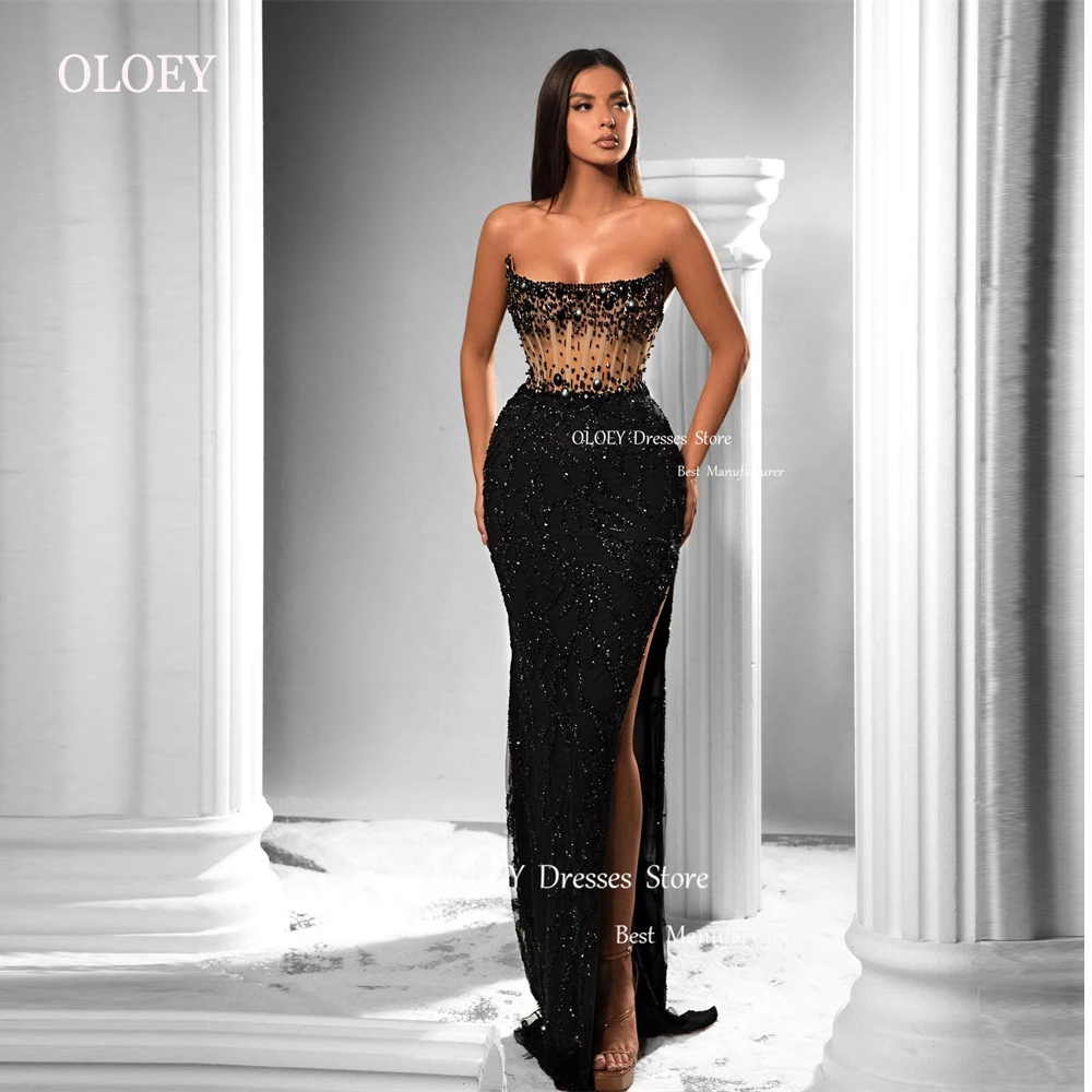 

OLOEY Sparkly Modern Black Mermaid Prom Evening Dresses Diamond Beads Strapless Lace Split Dubai Arabic Long Formal Party Gowns