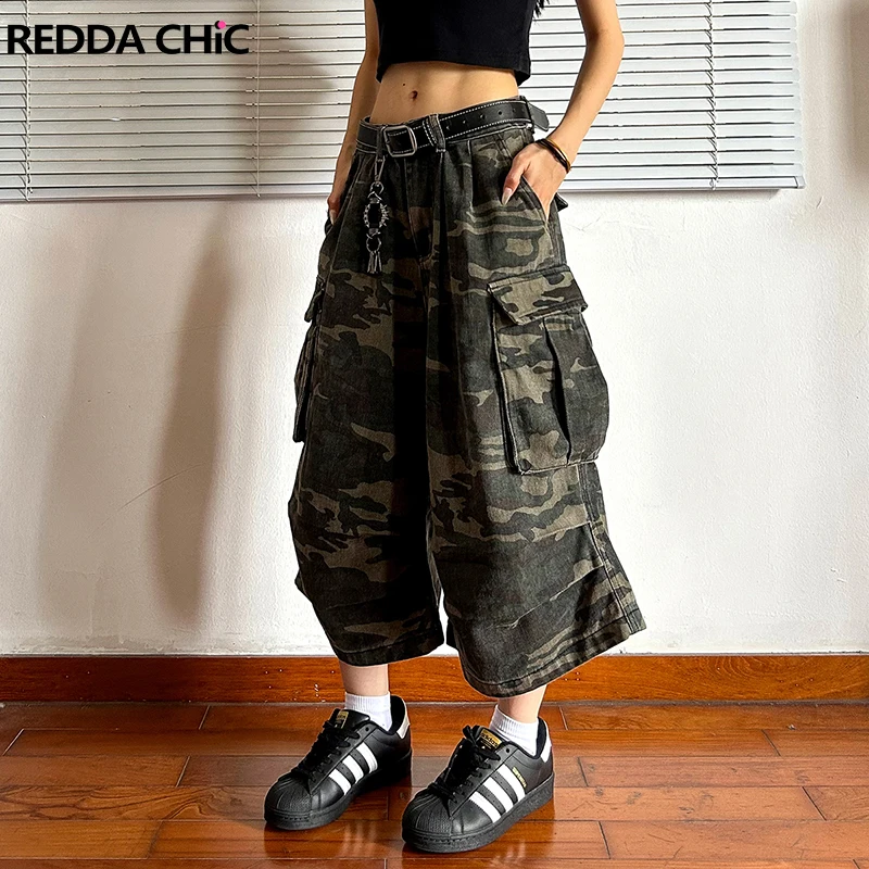 

ReddaChic винтажные плиссированные короткие брюки-карго камуфляжные джинсовые повседневные широкие мешковатые джинсы с большими карманами Jorts Harajuku женская уличная одежда