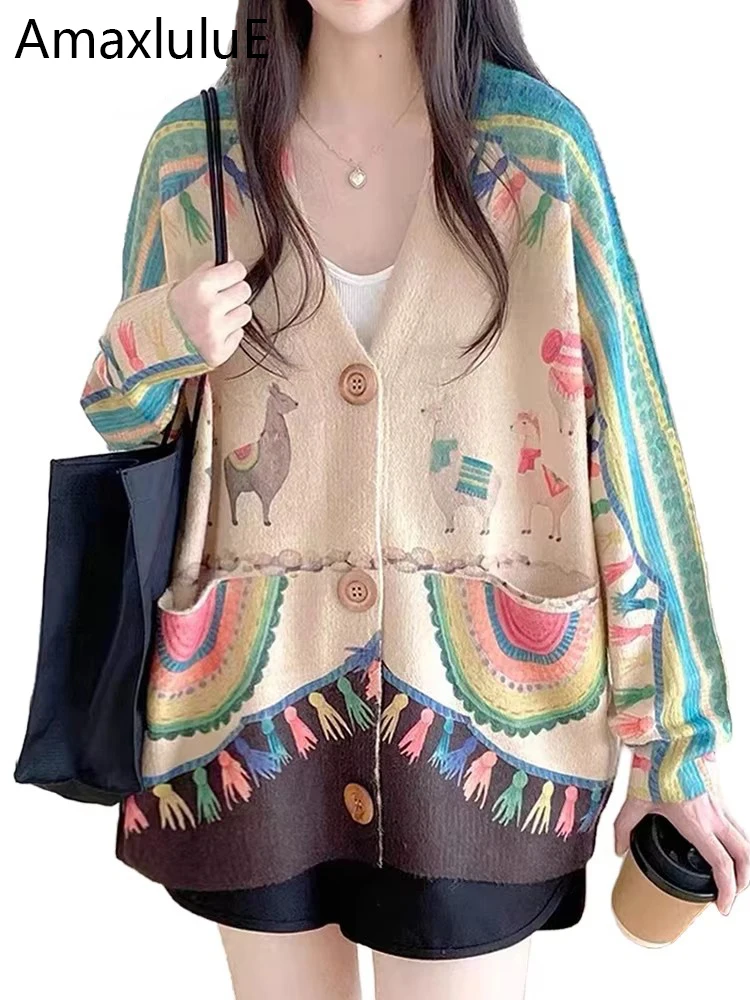 

Amax luluE 2024, осенние корейские модные женские свободные кардиганы с принтом, повседневные свитера с v-образным вырезом, женские роскошные классические трикотажные изделия с героями мультфильмов