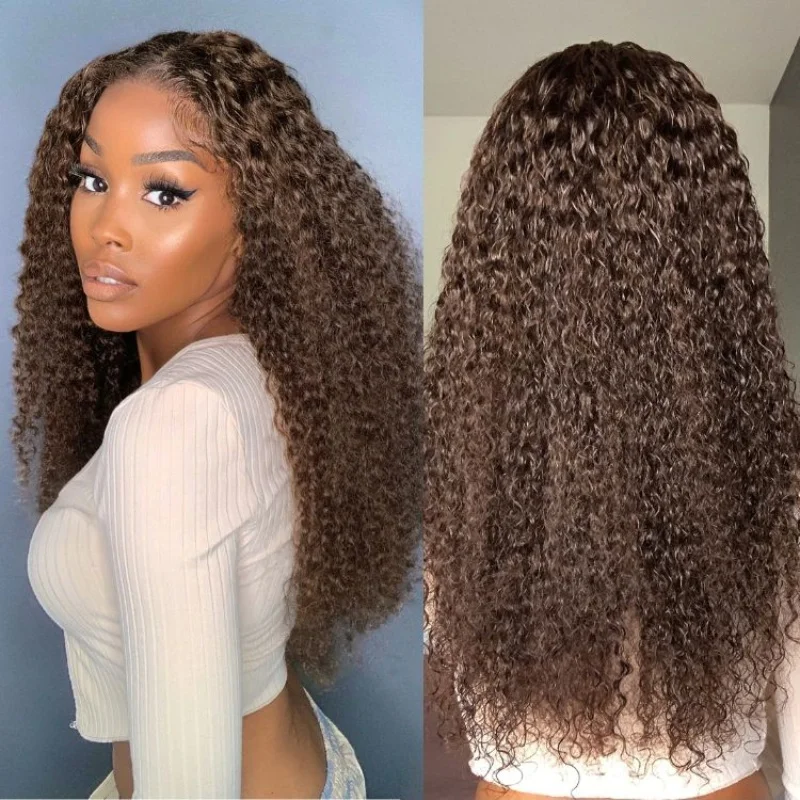 Perruque caution Curly Deep Curly HD Lace Front Wig, Cheveux 100% Naturels, Brun Chocolat, 13x6, 13x4, 30 Pouces