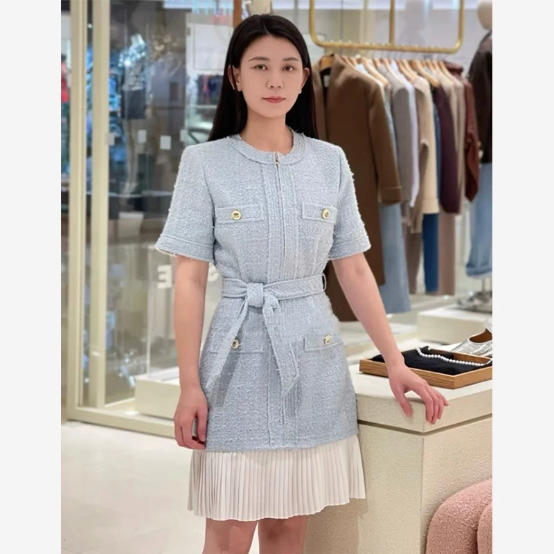 Spring Dress 2025 New Fashion Lace Up Patchwork Pleated Dress Woman's Skirts Korean Version Fashion Women's Clothing