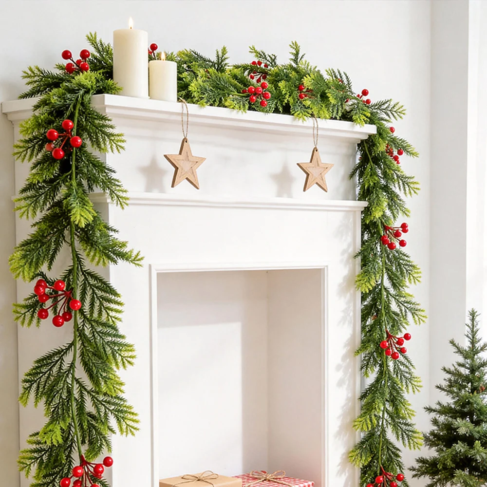 175cm Artificial Christmas Vine Plant Winter Pine Needle Tree Branches Foam Red Fruit Garland For Home Door Frame Closet Decor
