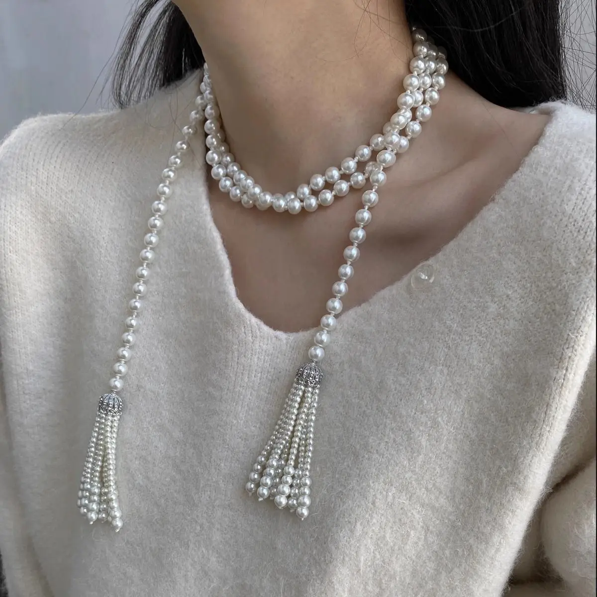Exquisite übertriebene Perlen-Perlen-Halskette, Quaste, Charm, Pullover-Kette, Zubehör, Halsschmuck, mehrschichtige Halskette für Mädchen