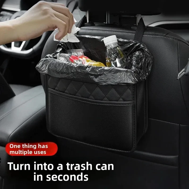 Universal Car Seat Back Organizer Waterproof Leather Multifunctional Hanging Storage Bag Foldable with Large Garbage Bin