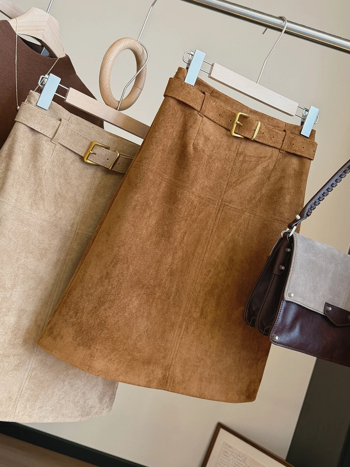 Women Coffee Suede Midi Pencil Skirt With Belt Back Slit High Waist Solid Vintage Elegant Fall Winter Skirt Office Commute Skirt