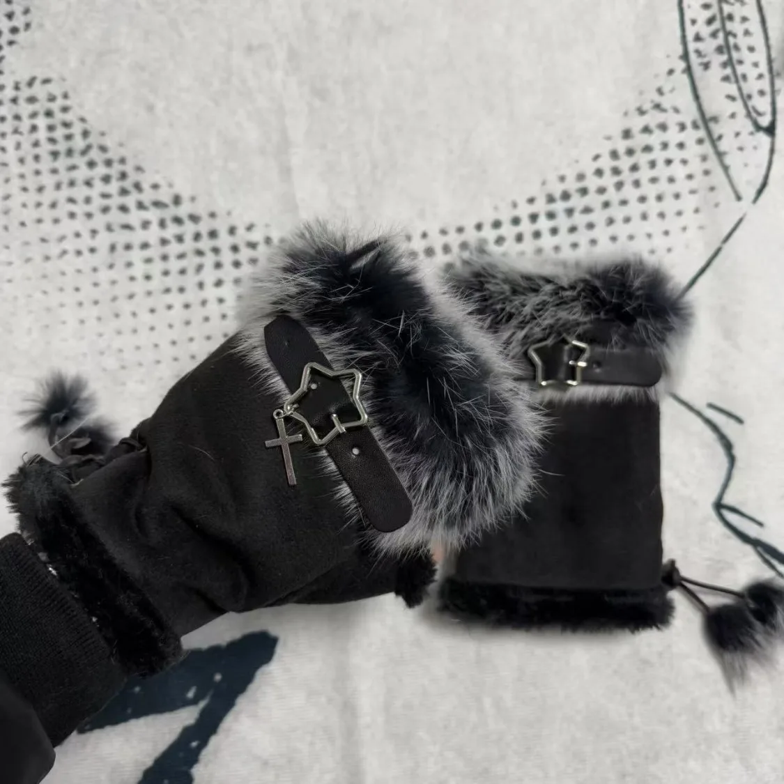 Winter Rabbit Fur Half Finger Sexy Leopard Gloves Fur Suede Adjustable Design Fingerless Y2K Gloves Padded Thickened Outdoor