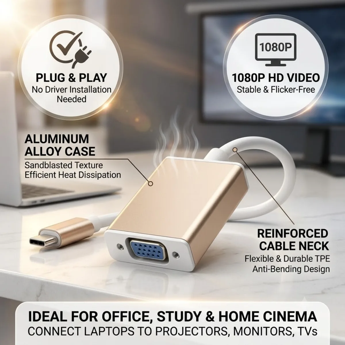 Type C To VGA Converter 1080P USB C To Female VGA Adapter Cable for Laptop Computer MacBook PC Monitor Projector Plug and Play