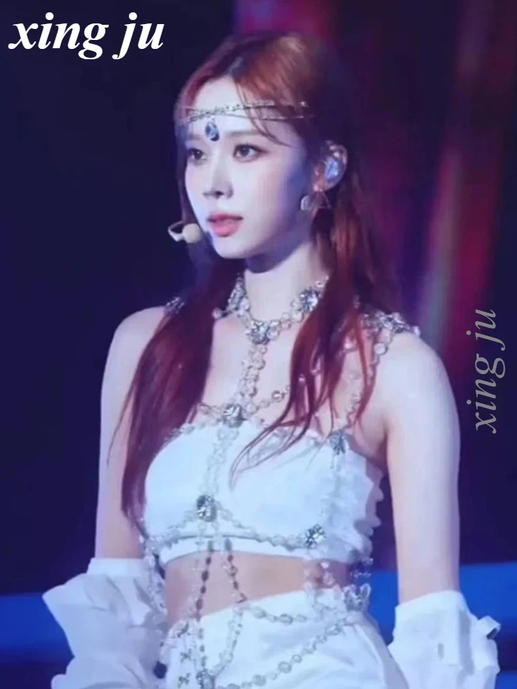 Kpop 한국 가수 재즈 공연 의상 화이트 라인 석 크롭 탑 레이스 업 짧은 치마 여성 나이트 클럽 무대 댄스 의상