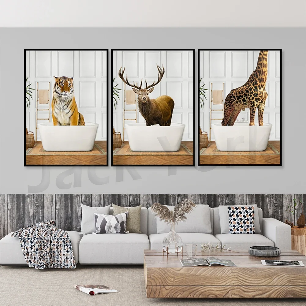 Animal In Bath Bathtub Poster, Tiger Poster, Caribou Poster, Animal Wall Art Decor, Bathroom Decor,  Animal Gift, Office Decor,