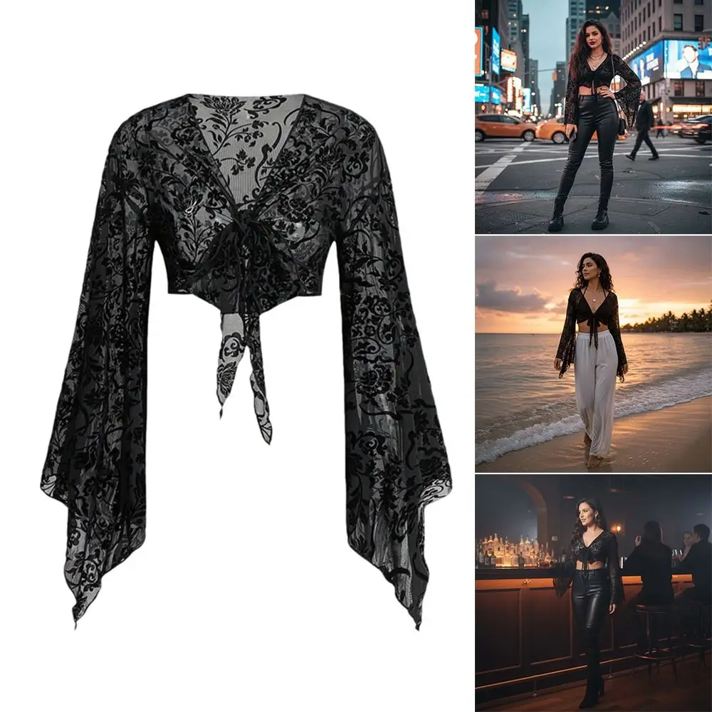 Fashion Lace Trumpet Sleeve Top Black Stage & Dance Wear Crop Top Sexy Midriff-baring Top Dance Practice