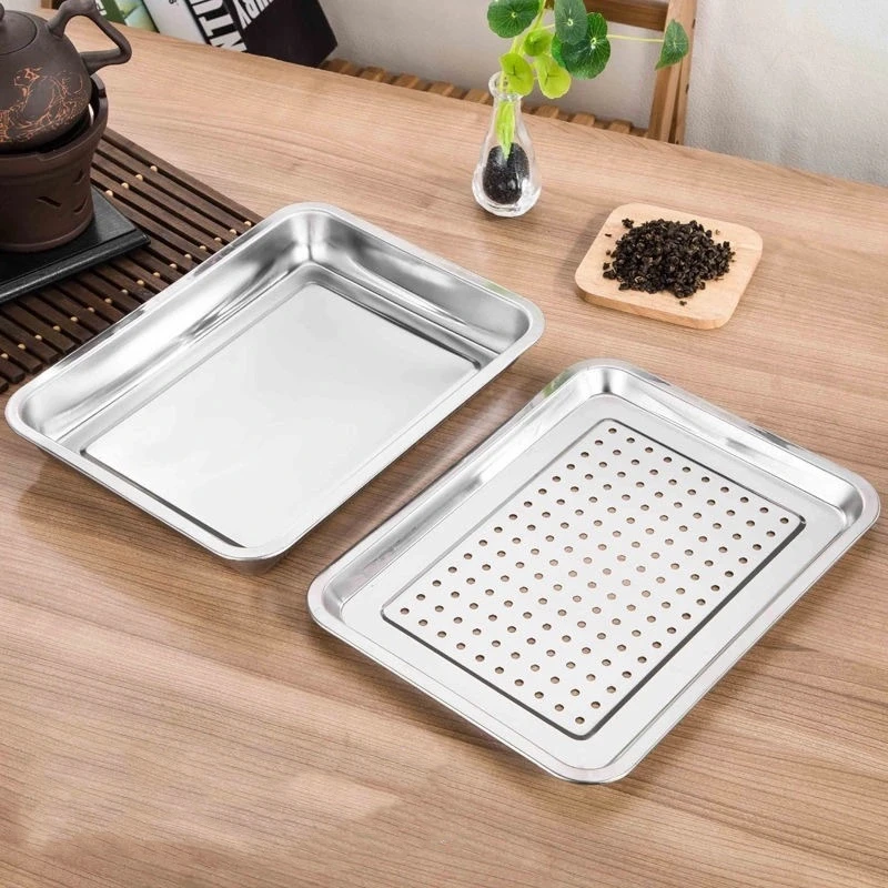 Rectangle Stainless Steel Tea Cup Tray Japanese Style Meal Hollow Water Drain Board Dishes Oil Filter Plate Kitchen Storage Pan