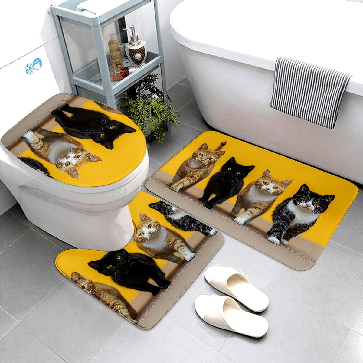 

3pcs Cute Cat Bathroom Rug, Made Of Soft Flannel, Thickened, Non-slip, Soft And Machine-washable, Includes Contour Mat And Toile