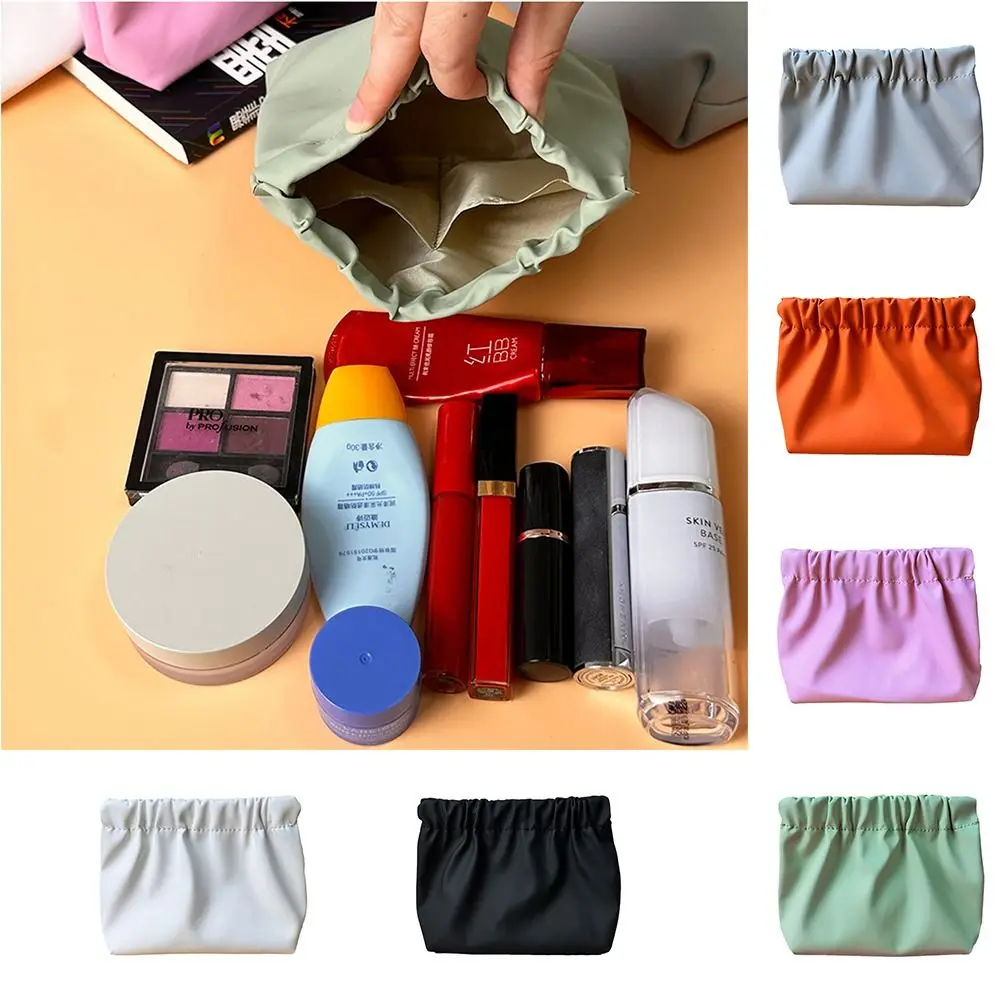 Self-closing Leaf Spring Bag Solid Color Cosmetic Bag with Inner Partition Bag Large Capacity Wash Pouch Women