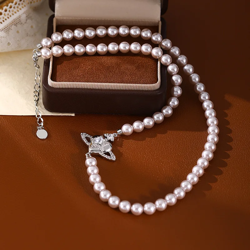 

Luxury Beaded Pearl Necklace with Saturn Pendant 925 Silver Chain Summer Minimalist Jewelry for Women Elegant Layering Accessory