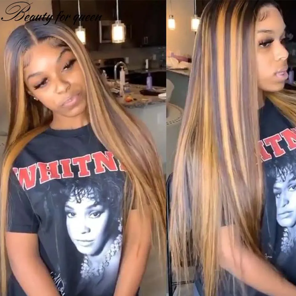 

Transparent Lace Frontal Wigs Brazilian Colored Human Hair Wig High Quality 13x4 Highlight Brown Long Straight Cosplay For Women