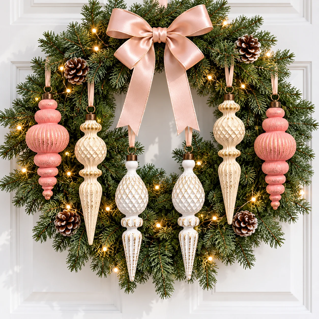 6 Pcs 14cm Pink White Gold Vintage Xmas Finial Ornaments 3 Styles Bronze Caps Unbreakable Tree Decor for Holiday Home & Party