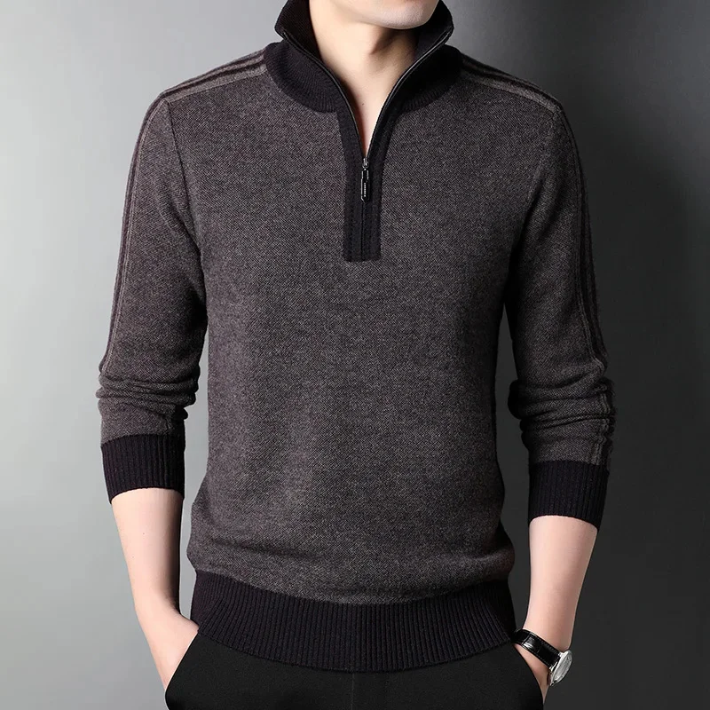 

Sweater Cashmere Men's Winter Zipped Stand Collar 100% Wool Extra Thick Pullover Loose Casual Knitted Bottoming