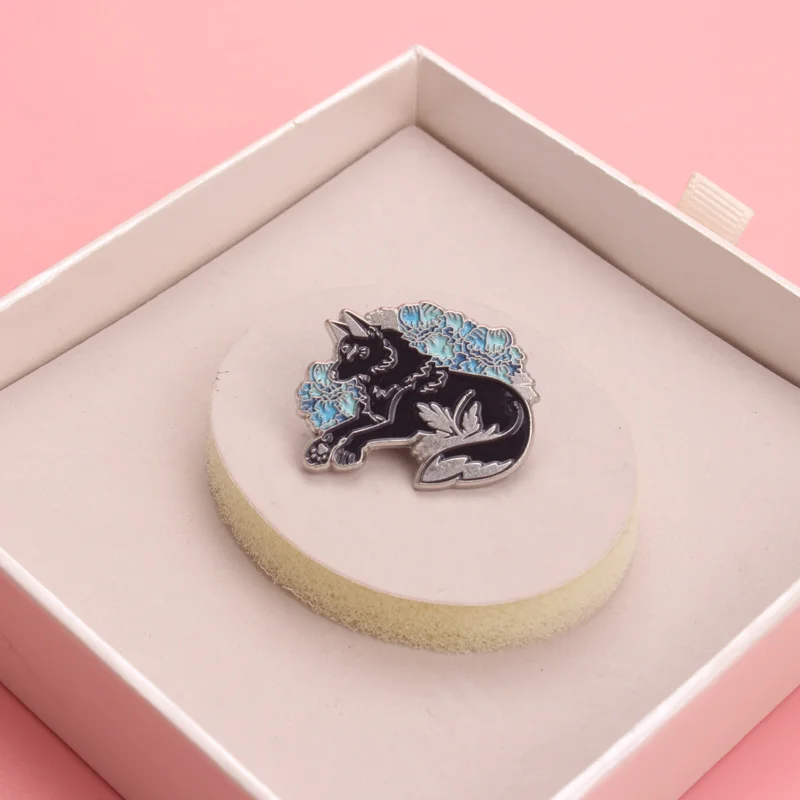 Cute Wolf - Themed Brooch with Blue Flowers - Great for Casual and Fantasy - Inspired Looks - Ideal Accessory for Adding a Wild