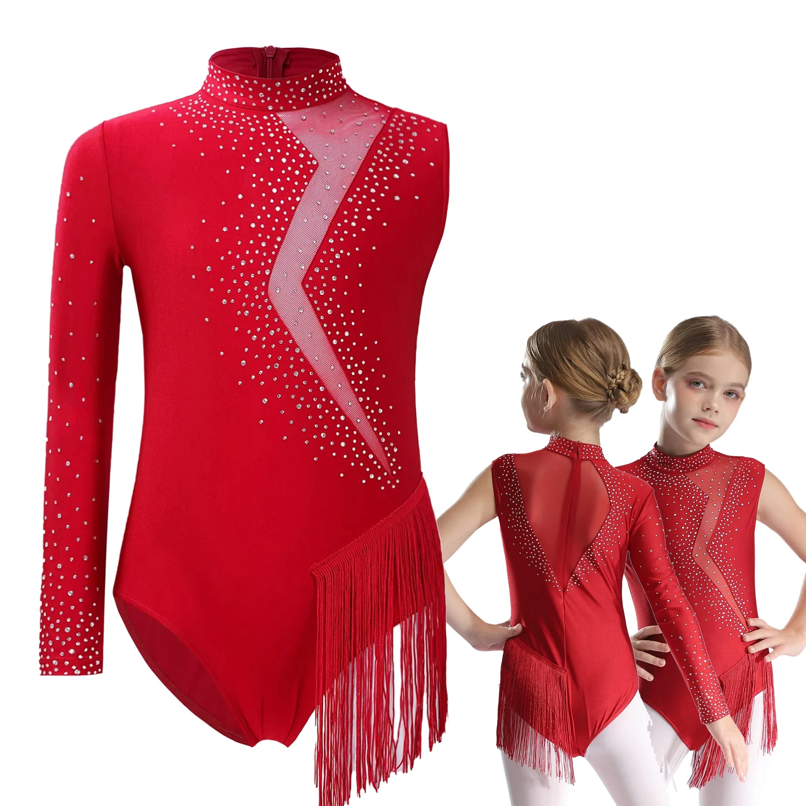 

Kids Figure Skating Lyrical Dance Dress Glittery Rhinestones Gymnastics Leotard Long Sleeve Ballet Performance Costume Dancewear