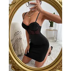 Sexy Chic Club Party Hollowing Mesh See Through Slim Dress Women Nightclub Wear Fishbone Halter V Neck Sheer Package Hip Skirt
