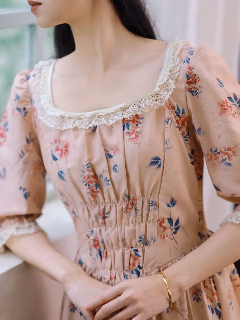 84-96cm Bust Spring Summer Women European Vintage Lace Trimmings Floral Print Slim Waist Comfortable Long Dresses