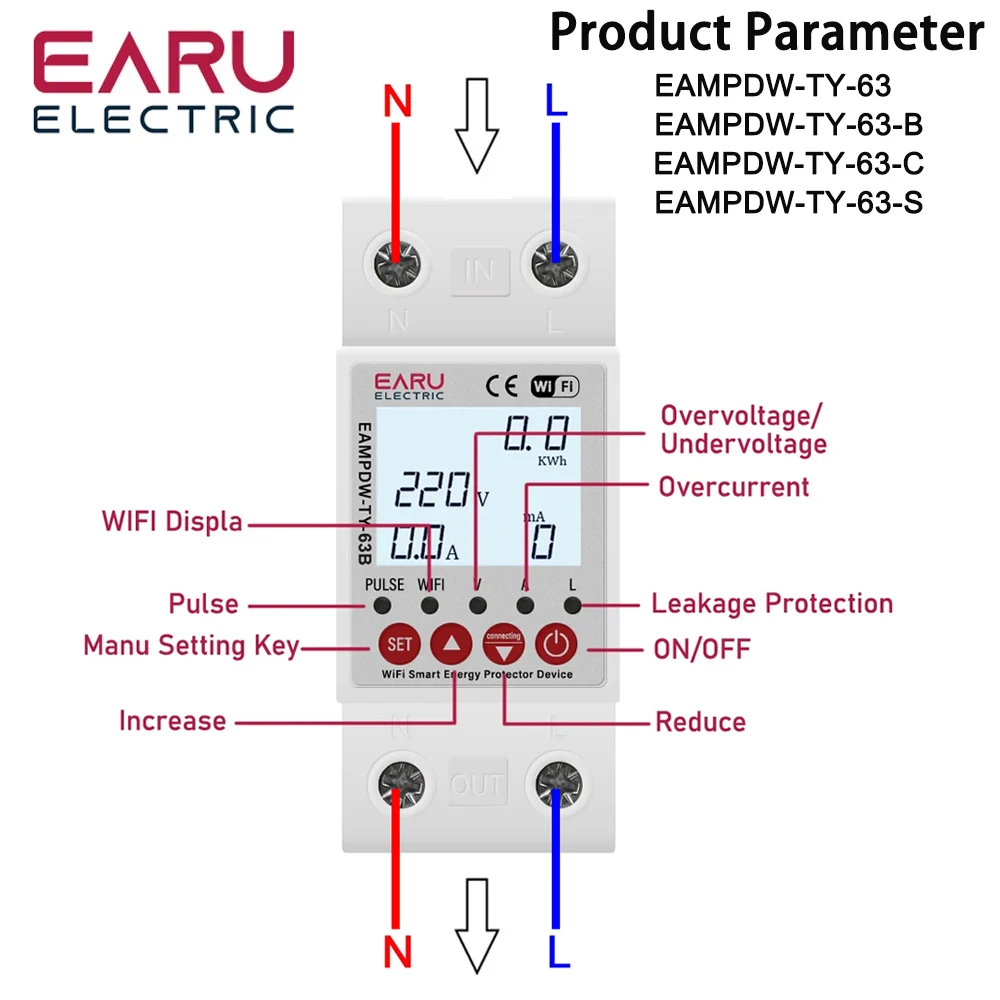 2P 63A 230V Tuya WiFi Smart Energy Meter Power kWh Meter Earth Leakage Over Under Voltage Protector Relay Device Switch Breaker