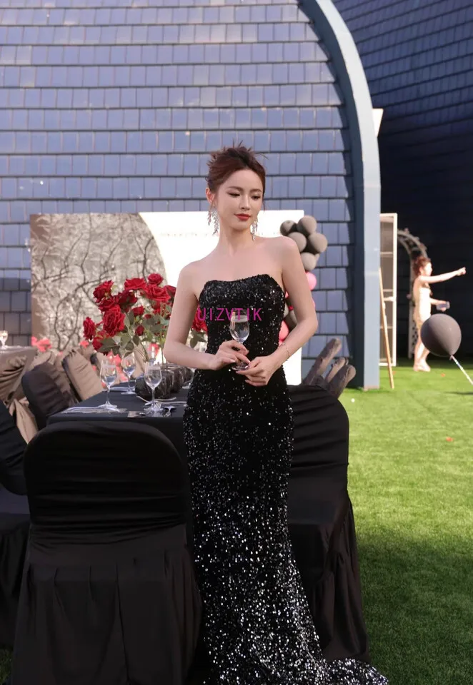 Abito da ballo di lusso con paillettes Abiti lunghi da sposa a sirena per la sposa Abiti da festa di compleanno per ospiti da sera lunghi eleganti neri