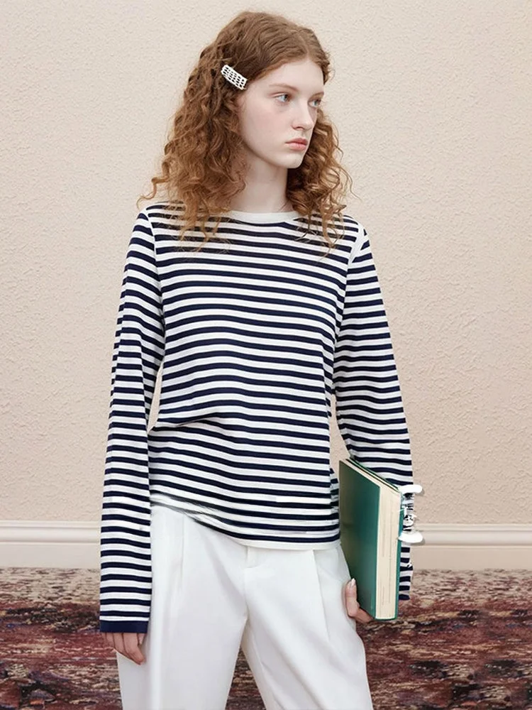 

Zhuo Chi Spring New Loose Comfortable Long Sve Thin T-irt Women's Classic Striped Comfortable Breathable round Ne Top