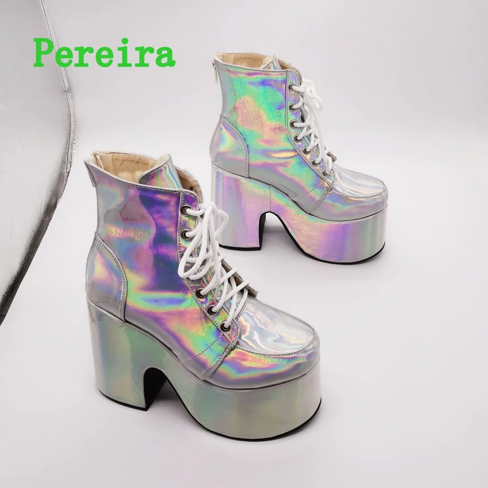 Shiny Purple Ankle Boots Women\'s 2024 New Arrival Platform Round Toe Chunky Heel Cross Straps Sexy Fashion Show Party Shoes