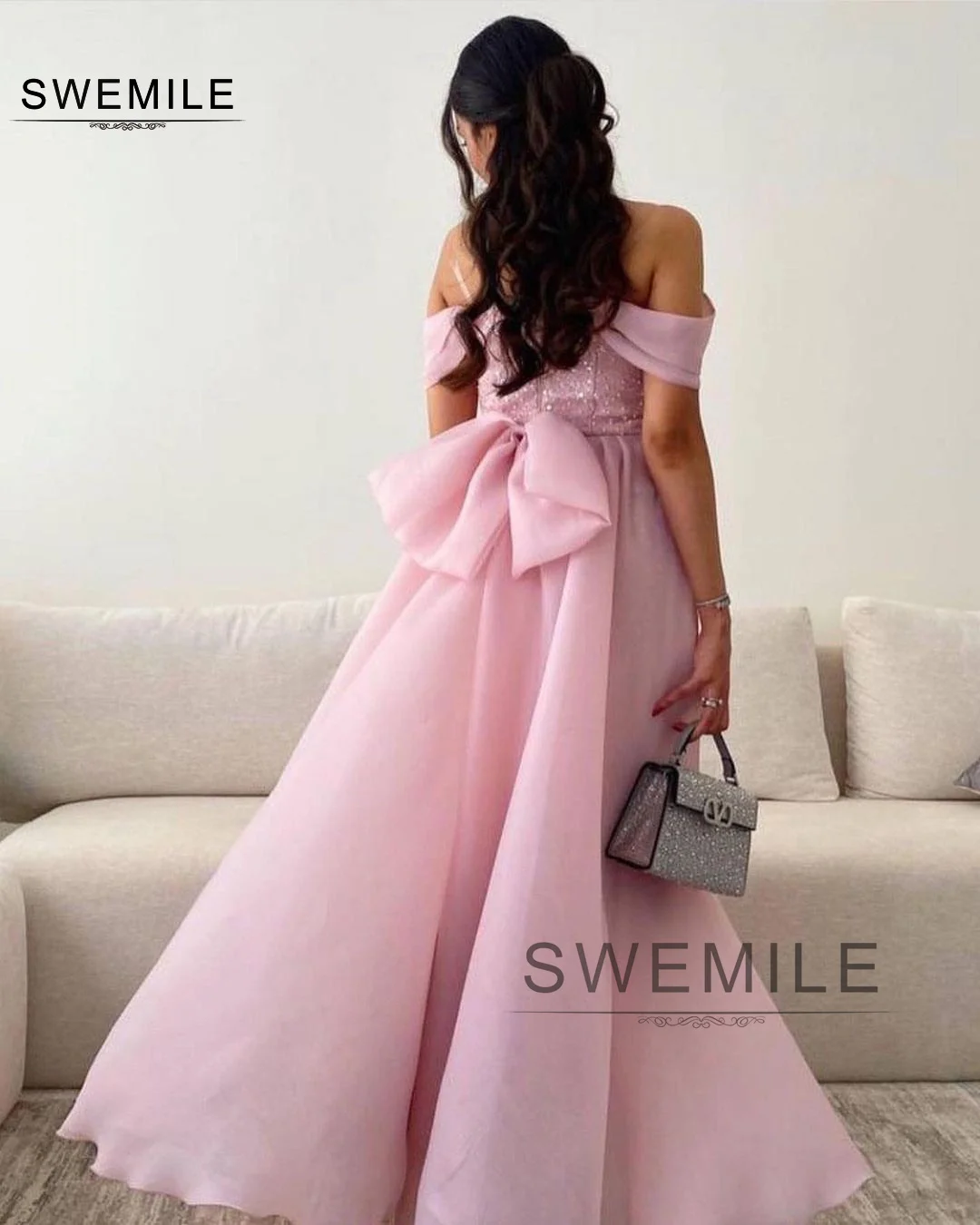 SWEMILE Column Off-The-Shoulder Neckline Floor-Length Lace Bow Zipper Up Short Sleeves Formal Occasion Dresses Cocktail Dresses