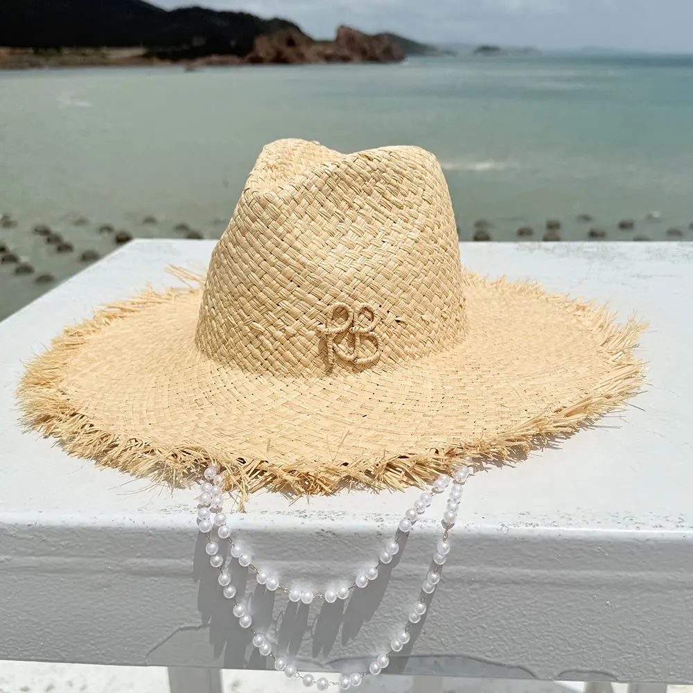 Classic Summer Raffia Straw Hat Lady Beach Panama Wide Brim Sun Hat Vacation Chain Pearl Jazz Handmade Designer Fascinator Hat