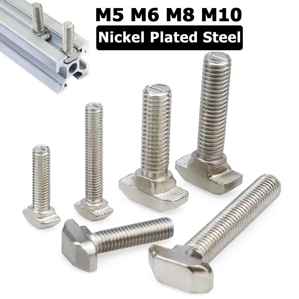 10Pcs M5 M6 M8 M10 Nickel Plated Steel T Hammer Head T Bolt Connector T Head Bolts Screws for 20/30/40/45 Aluminum Profiles