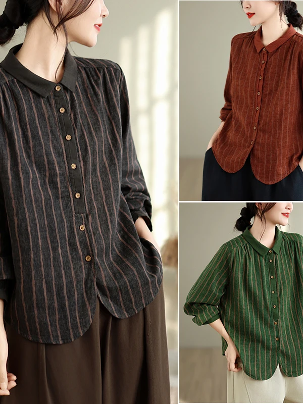 Women's Retro Artistic Vertical Striped Long Sleeve Double Layer Cotton Shirt Autumn Pure Cotton Slimming Personality Shirt