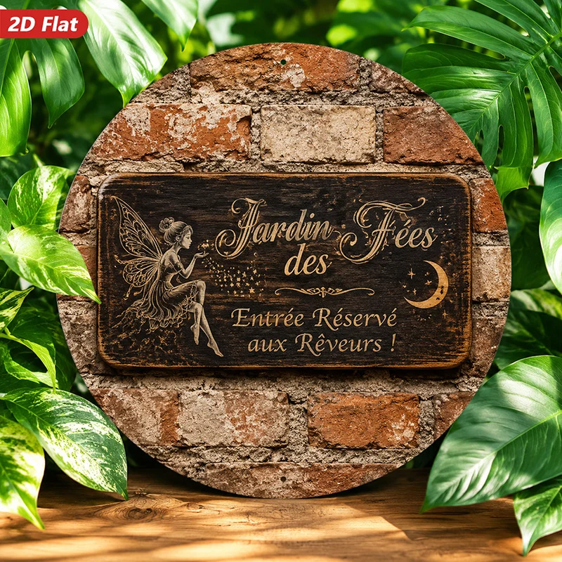 2D Flat,Fairy Garden Dreamers Round Metal Sign Wall Art, Jardin Des Fees French Text, Mystical Sitting Fairy Moon, Home Decor