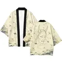 Vintage Oni Hannya Mask Dragon Cloud Print Haori Kimono Cardigan Unisex Loose Yukata Japanese Ukiyo-e Streetwear