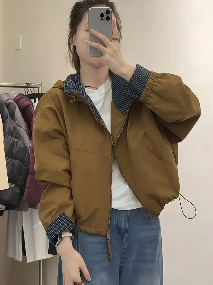 

Повседневное свободное женское пальто на осень 2023, новое корейское пальто в стиле пэчворк с капюшоном и молнией, полиэстер, нейлон, волокно Cosite