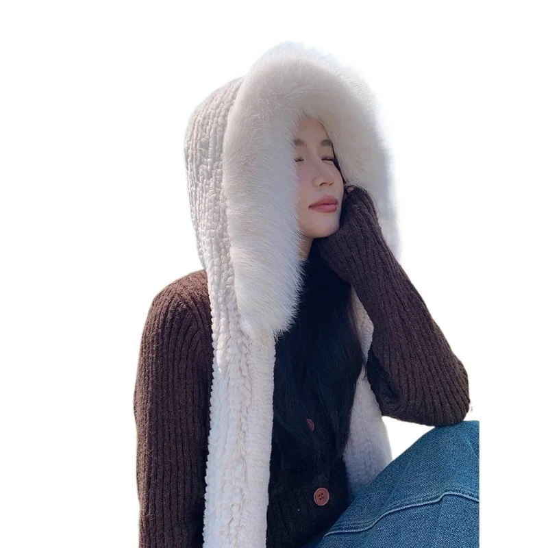 Rex rabbit fur, fur, snow hat, women's double-sided thickened scarf, hat, integrated winter warm fox hair headhat