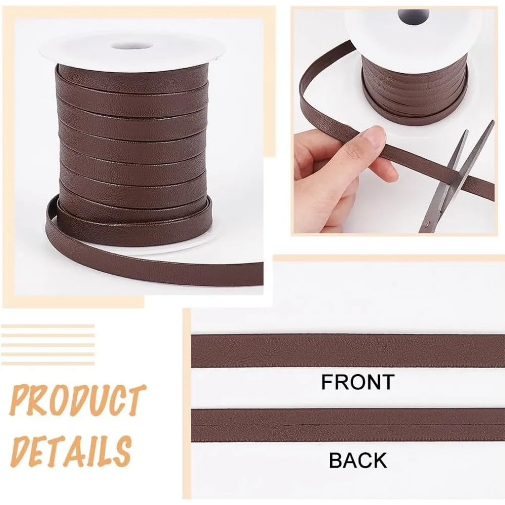 1Roll 22.5 Yards Coconut Brown Flat PU Leather Strips 10mm Leather Trimming Tape Double Sided Leather Bias Tape for Bags Shoes