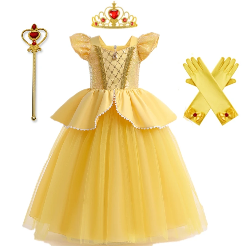 Meninas belle vestido de princesa para meninas bela e a fera cosplay crianças festa de aniversário vestido de baile crianças trajes de halloween